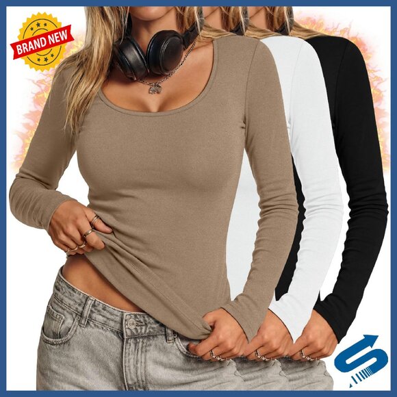 Women's Thermal Long Sleeve Shirts Fleece Lined Scoop Neck Stretch Fitted Tops